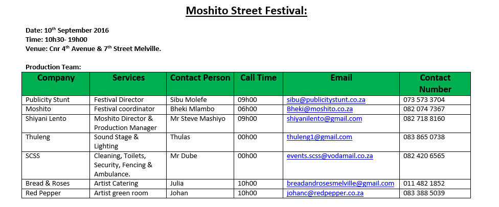 Event Production Contact Details